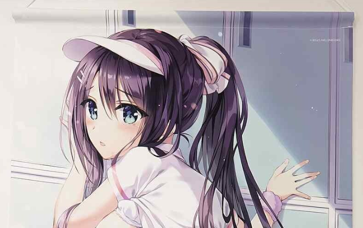 Anime-style illustration of a girl with long purple hair and blue eyes turning to look over her shoulder in a white top, against a light background with a window.