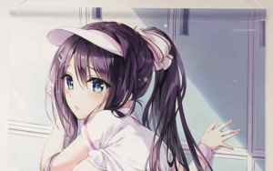 Anime-style girl with long purple hair in a white top, looking over her shoulder toward the viewer by a window.