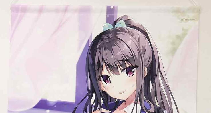 Anime-style illustration of a girl with long dark hair, violet eyes, and a light blue bow, against a pastel background.