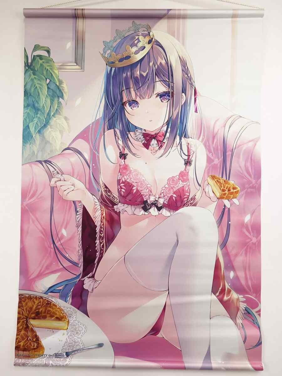 Anime-style girl with purple hair in pink lace lingerie and a crown, seated on a pink couch holding a waffle.
