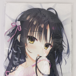 Anime-style illustration of a girl with long black hair, yellow eyes, pink ribbon, and pink outfit, seen through clear packaging.