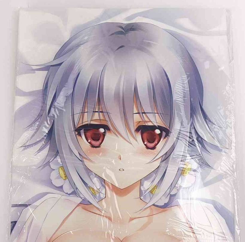 imageえええ 1 - 【絵巻本舗】二次元イラストグッズ特化型買取専門店 Close-up of an anime-style girl with short silver hair and red eyes, wearing white near a floral background, wrapped in plastic packaging.