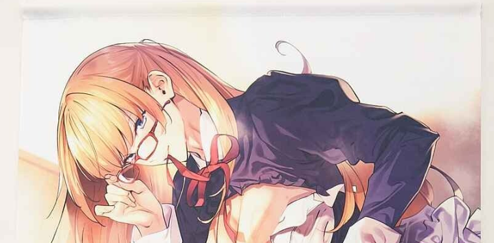 Anime-style girl with blonde hair and glasses in a school uniform, leaning forward over a surface