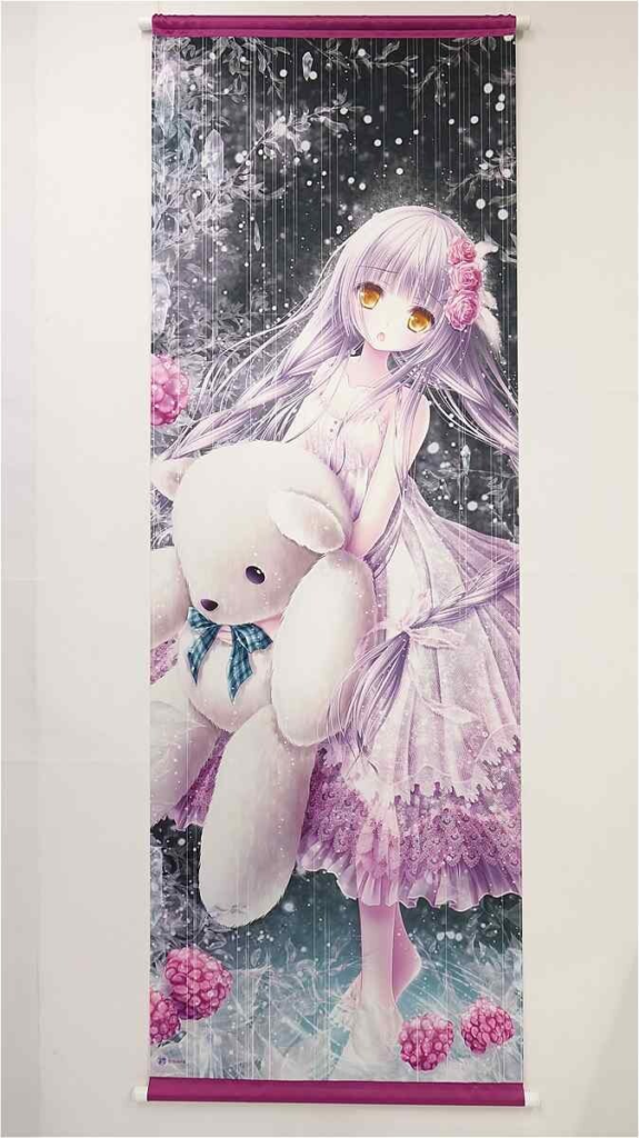 Anime girl with long lavender hair in a pink frilly dress, holding a large white teddy bear against a snowy, floral background.