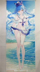 Anime-style blue-haired girl in a sailor bikini with a cat-ear hat standing on a sunny beach, waves at her feet.