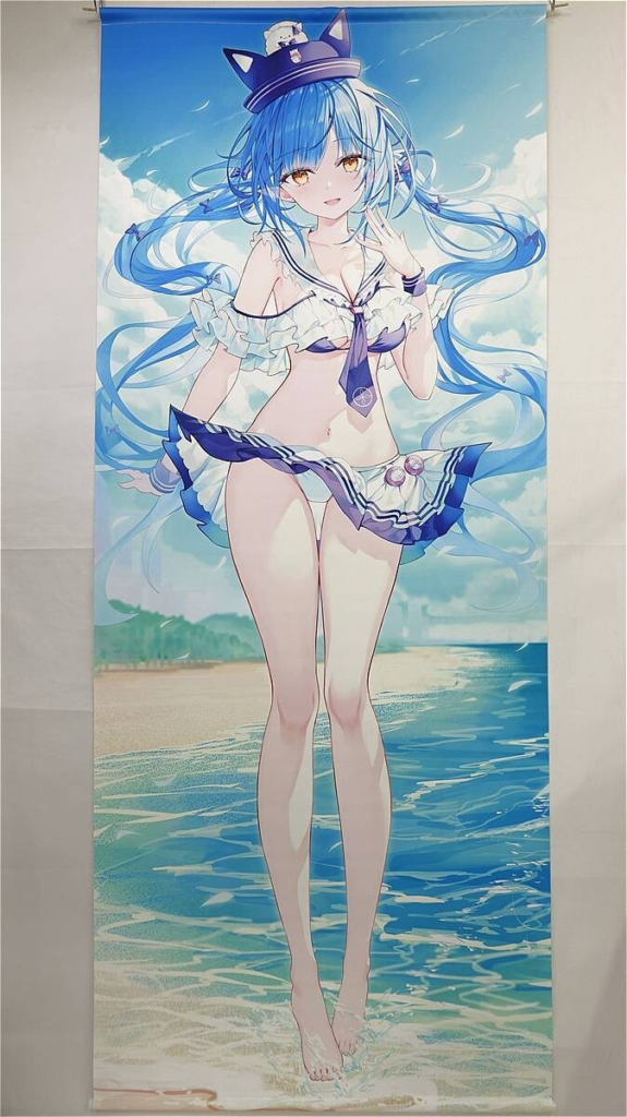 Anime-style blue-haired girl in a sailor bikini with a cat-ear hat standing on a sunny beach, waves at her feet.