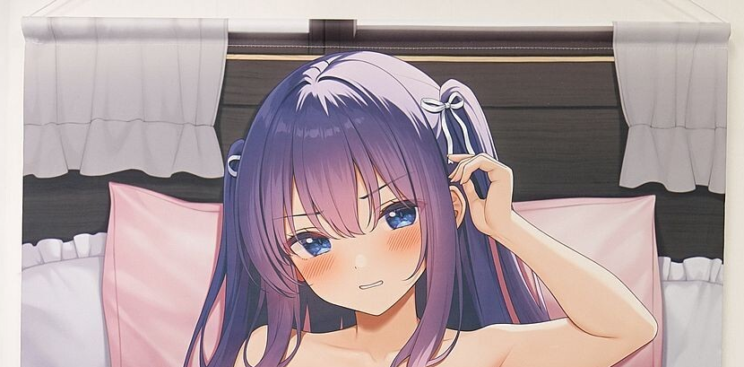 Anime-style girl with purple hair blushing in bed, lifting a hand to her hair.