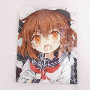 Close-up of an orange-haired anime girl in a school sailor uniform with a surprised expression, wrapped in plastic on a packaged item.