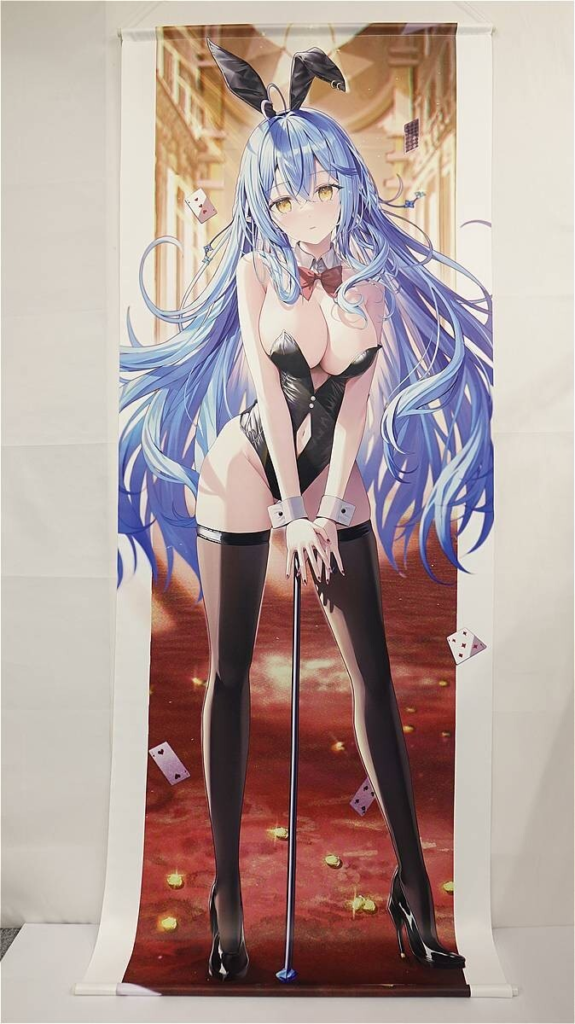 Anime-style girl in a black bunny outfit with long blue hair, ears, and a cane, standing on a red-carpet backdrop.