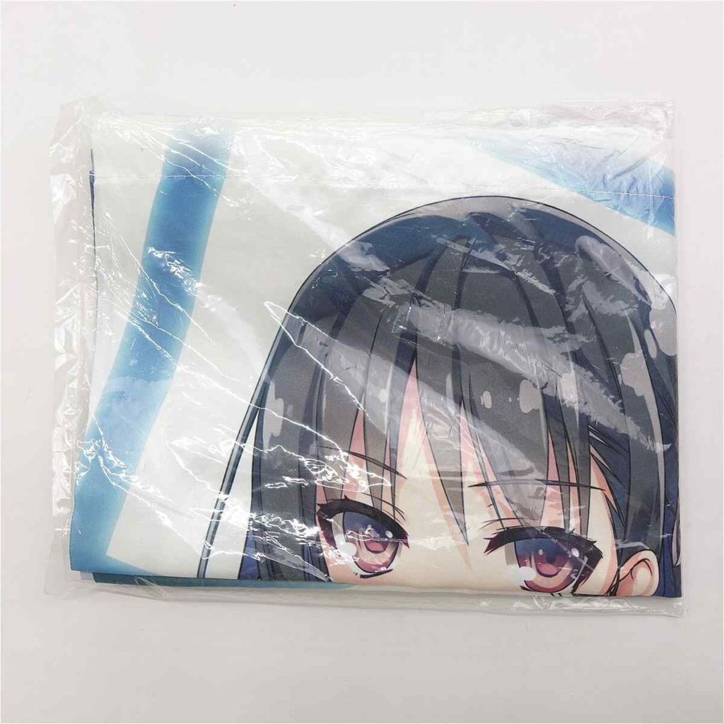 Front of a packaged anime-themed fabric item featuring a close-up of a girl with dark hair and pink eyes, in plastic wrap
