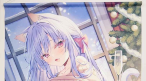 Anime girl with cat ears and lavender hair by a snowy window, Christmas tree in the background.