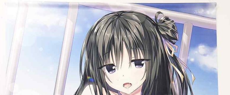 Anime illustration of a girl with gray hair and purple eyes, a hair bun, standing near a window with a blue sky background.