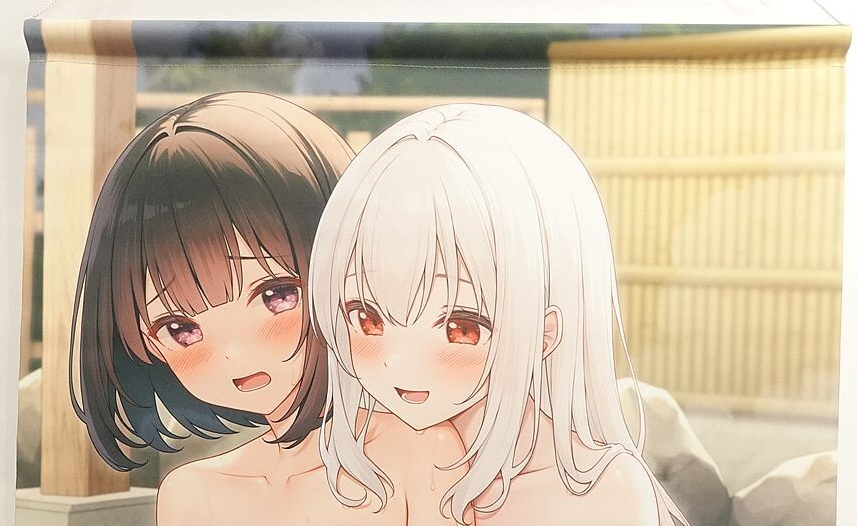 Two anime-style girls with blushes, soaking together in an outdoor hot spring, smiling at the camera.