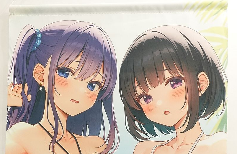 Two anime-style girls with blushing cheeks pose closely, one with purple hair in a side ponytail and blue eyes, the other with short black hair and purple eyes, in swimsuits.