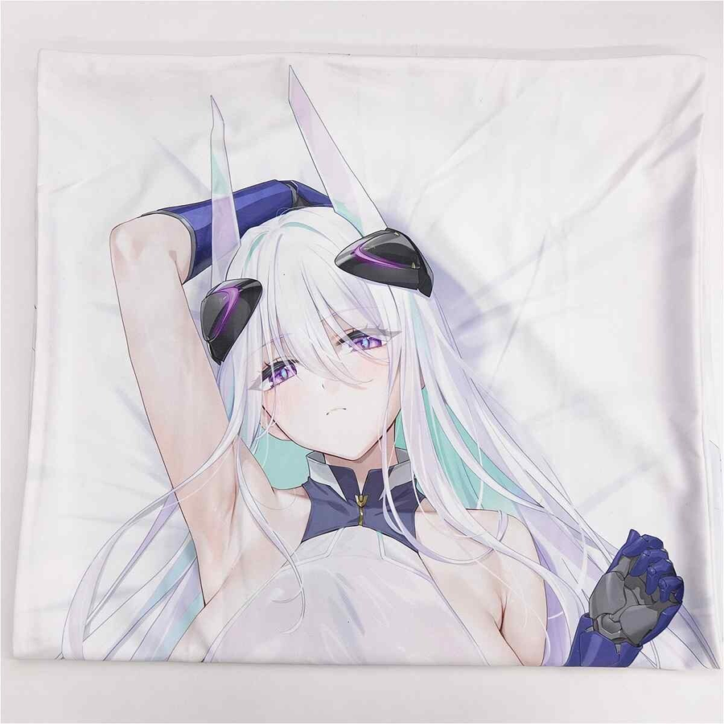 Anime-style girl with long white hair and purple eyes, wearing futuristic accessories, lying down with one arm raised.