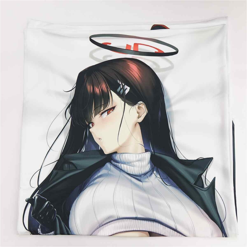 Anime-style portrait of a girl with long black hair, white turtleneck, black jacket, and a glowing halo above her head on white fabric backdrop.