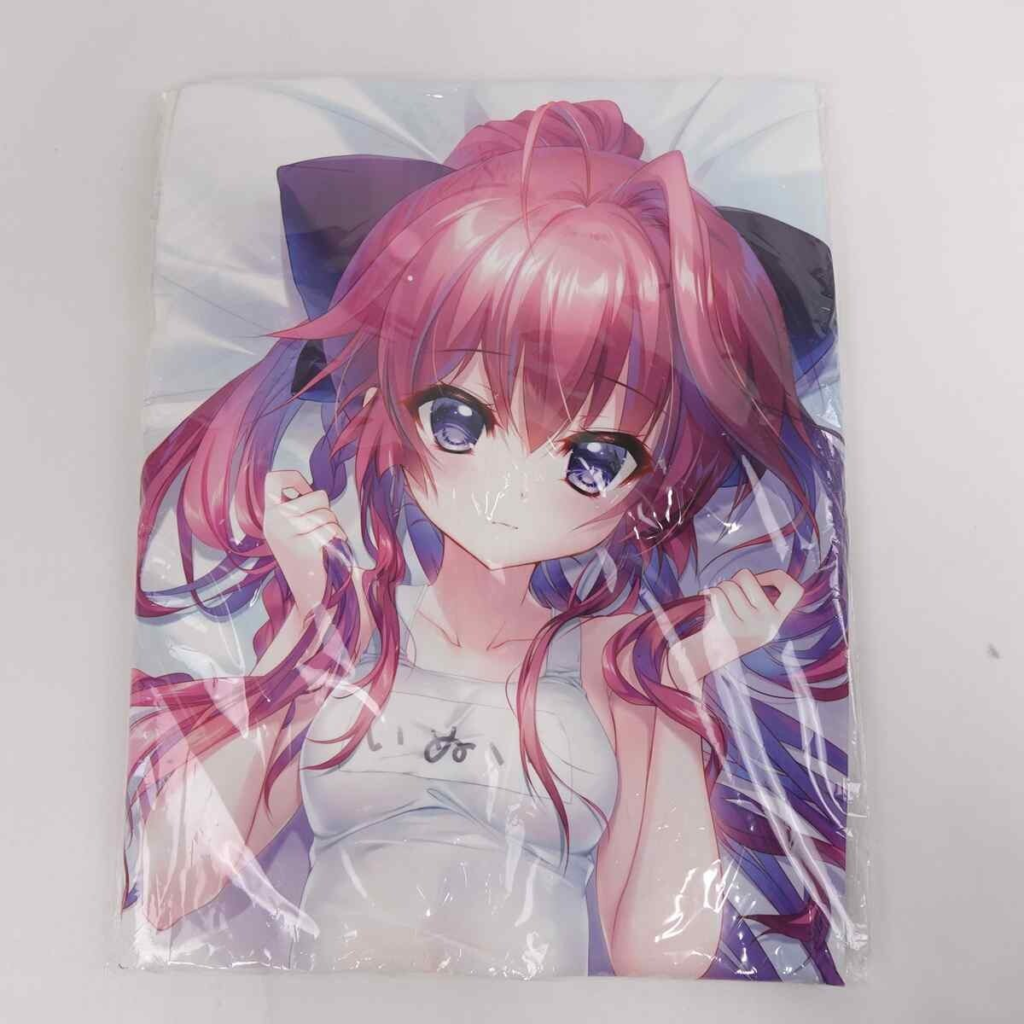 Anime-style pillow cover featuring a pink-haired girl with purple eyes, wearing a white tank top, wrapped in plastic.