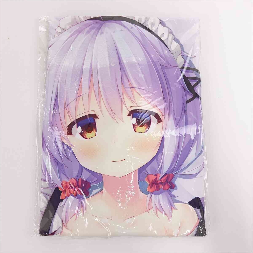 Anime-style pillowcase with a purple-haired girl and red bows, sealed in plastic on a plain background.