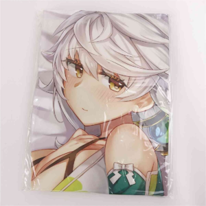 Close-up of an anime-style girl with white hair, amber eyes, and a gentle blush, wearing a green and white outfit, on a packaged product.