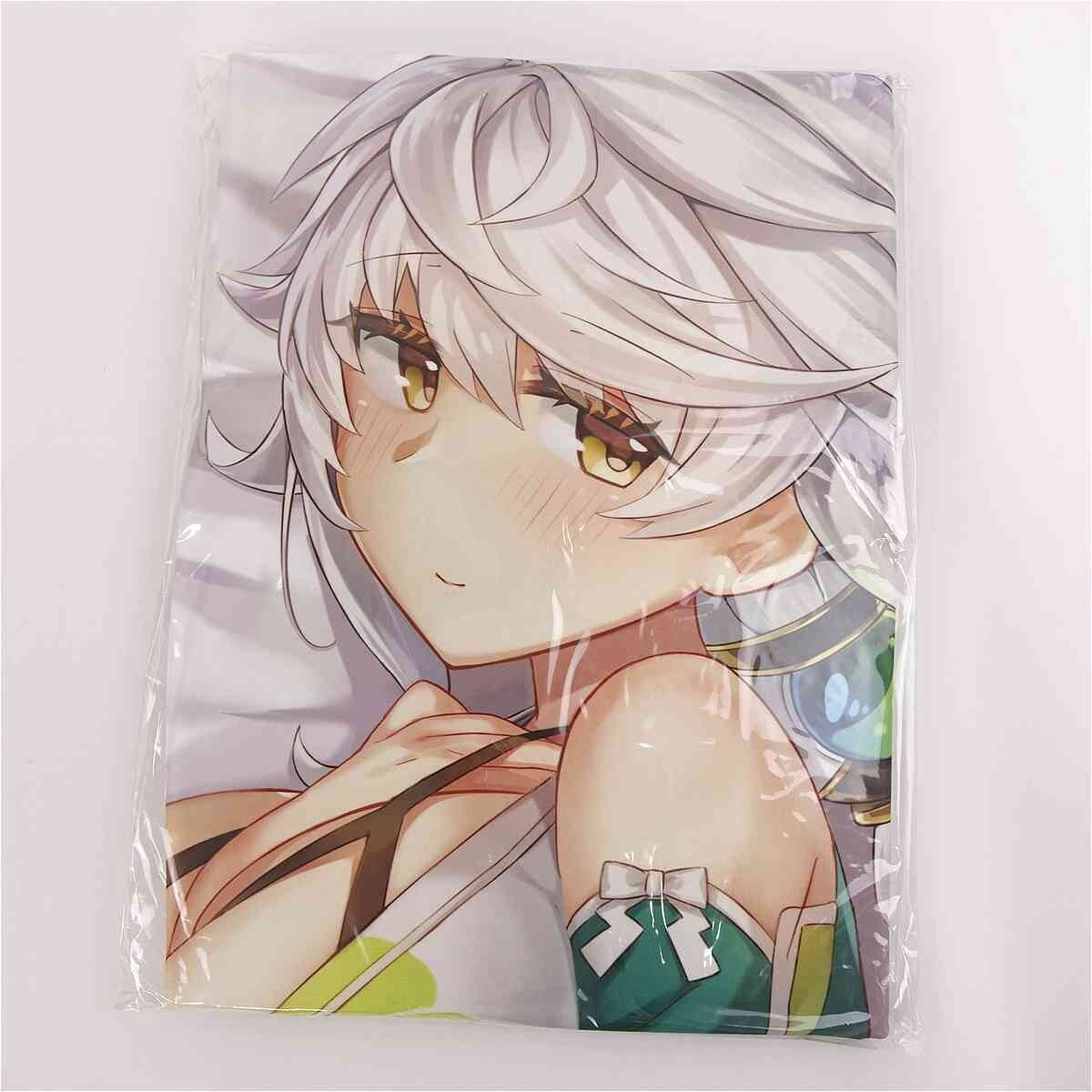 Close-up of an anime-style girl with white hair, amber eyes, and a gentle blush, wearing a green and white outfit, on a packaged product.
