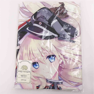 Packaged dakimakura (body pillow) featuring an anime girl with long blonde hair and blue eyes wearing a navy-style hat, wrapped in plastic.