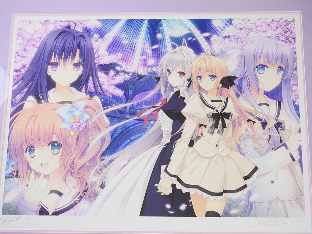 i-img1200x900-17724591074272ajm7ud273999 - 【絵巻本舗】二次元イラストグッズ特化型買取専門店 Poster-style anime illustration showing five girls in pastel dresses posing together, with pink cherry blossoms and a blue, ornate background behind them.