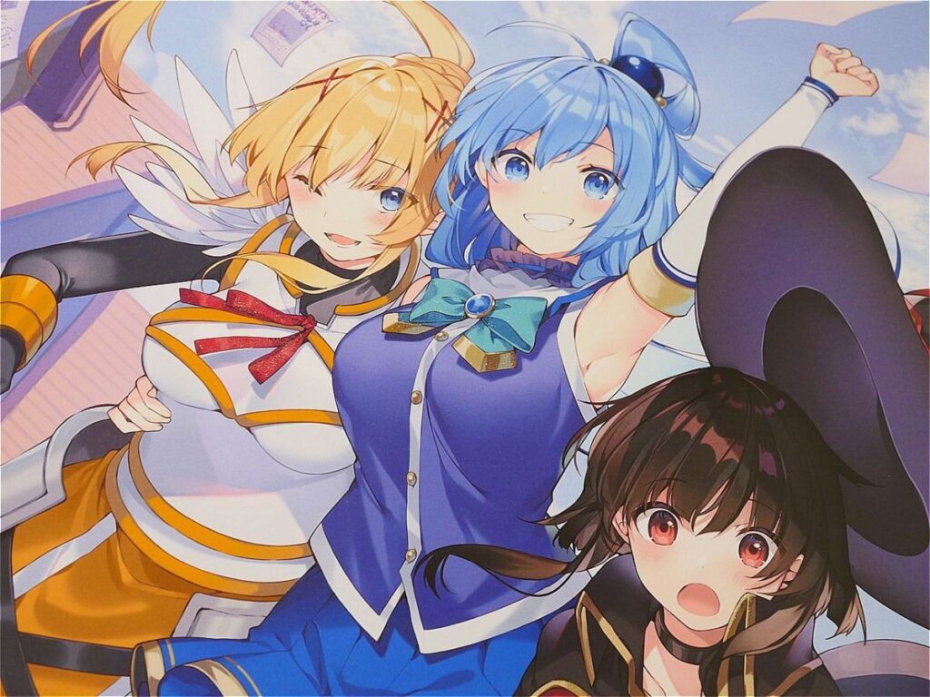Three cheerful anime girls pose for a selfie: blue-haired in a blue outfit center, yellow-haired in orange and white on the left, black-haired witch on the right wearing a large hat.