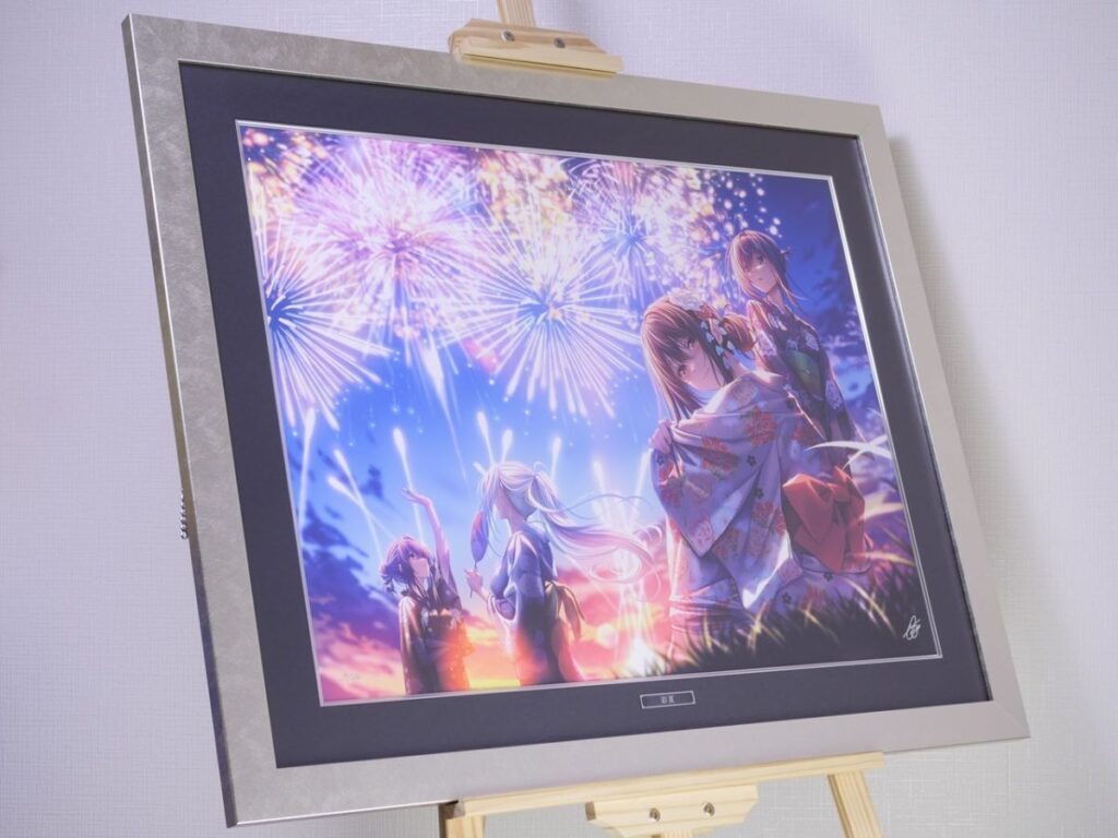 i-img1200x900-17780496404704xei62g380047 - 【絵巻本舗】二次元イラストグッズ特化型買取専門店 Framed anime-style illustration of four girls in yukatas watching colorful fireworks from an outdoor festival, on an easel.