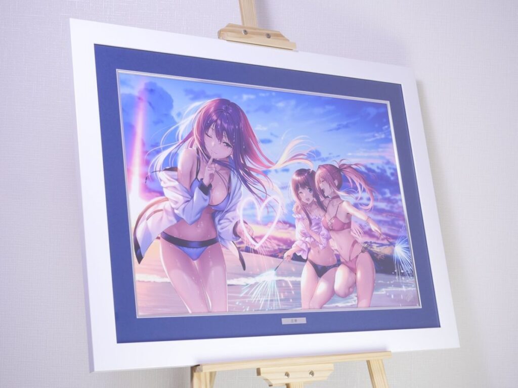 i-img1200x900-17786040459129dnmb6z1316 - 【絵巻本舗】二次元イラストグッズ特化型買取専門店 Framed anime-style illustration of three girls in bikinis at the beach with a sunset and fireworks, displayed on a wooden easel.