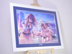 Framed anime-style illustration of three girls in bikinis at the beach with a sunset and fireworks, displayed on a wooden easel.