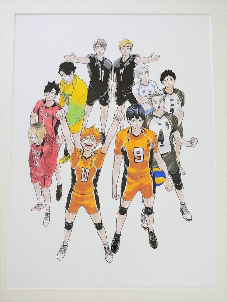 Anime-style illustration of a volleyball team posing together, hands raised in celebration.
