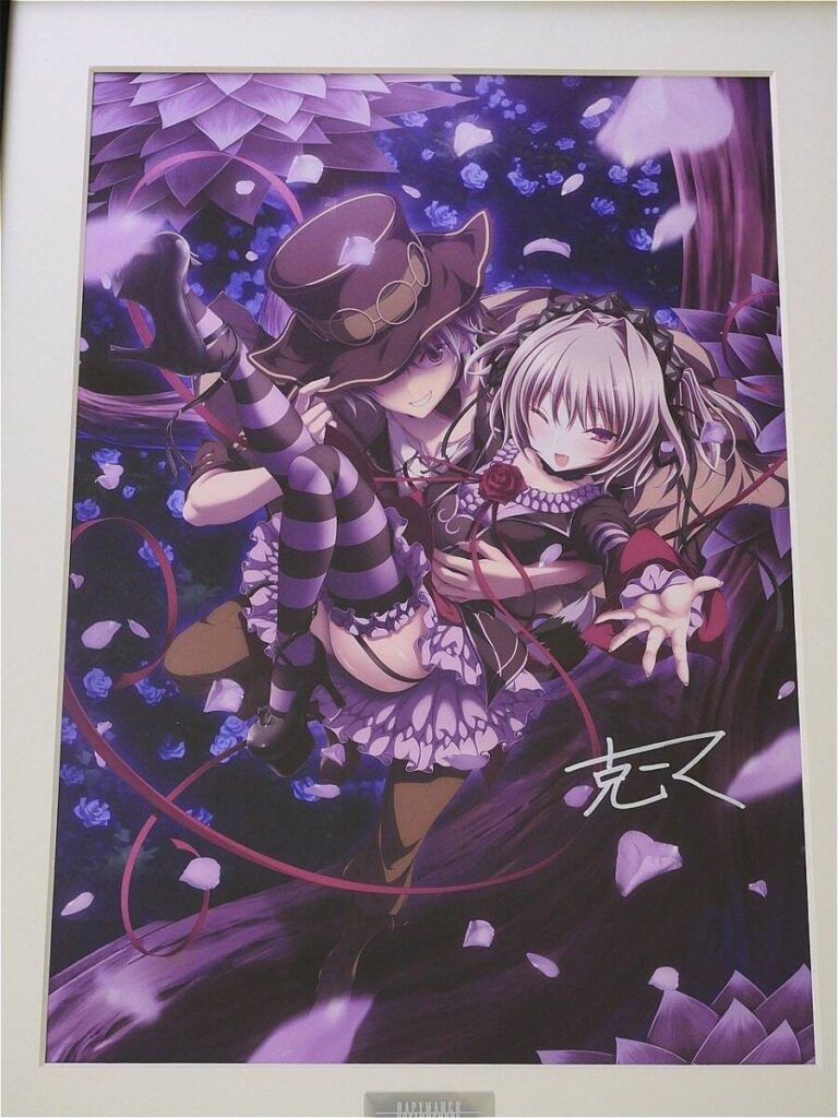 Anime poster: girl in a frilly maid outfit being carried by a boy in a top hat amid a purple, flower-filled background.
