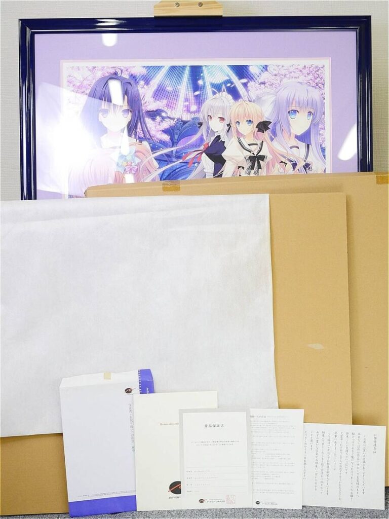 i-img900x1200-17724591076629sh42t9273999 - 【絵巻本舗】二次元イラストグッズ特化型買取専門店 Framed anime illustration propped against a wall, with white foam boards/backing boards and several white documents and envelopes laid in front.