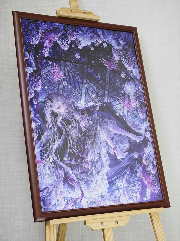 Framed purple anime illustration on an easel, featuring a girl in a frilly dress amid butterflies and crystalline decorations.