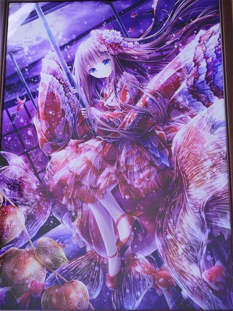 Anime-style illustration of a girl in a pink floral dress dancing in a purple, glowing fantasy scene with sparkles and petals nearby.