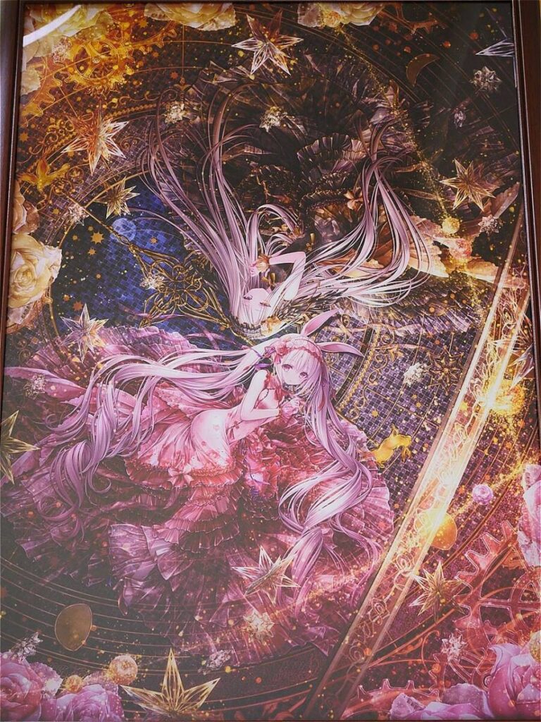 Fantasy anime illustration of a pink-haired girl in a pink frilly dress surrounded by swirling hair and golden starry patterns.