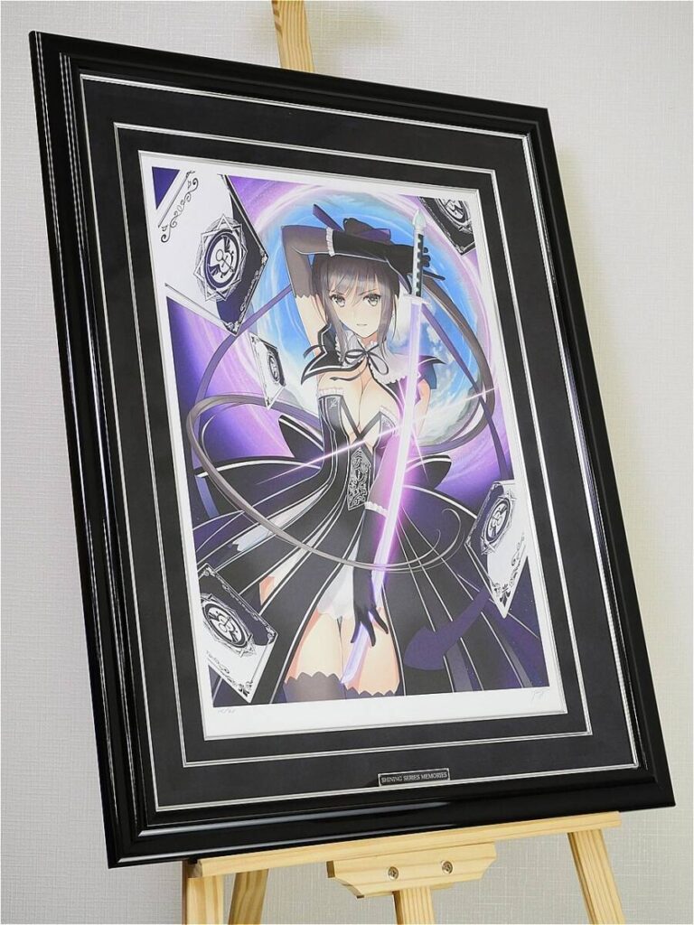i-img900x1200-17755404402724jhw4f35692 - 【絵巻本舗】二次元イラストグッズ特化型買取専門店 Framed anime print of a female swordswoman in a black dress, with a glowing pink blade, on an easel.