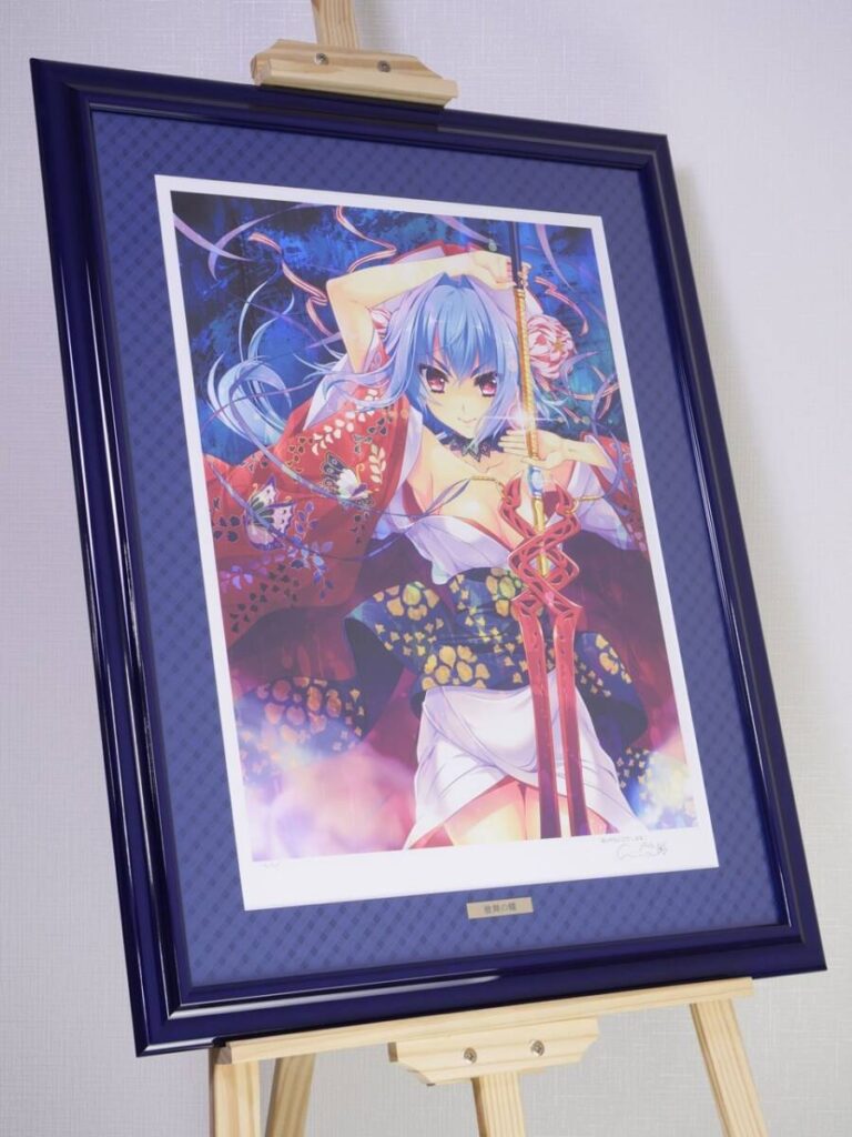 i-img900x1200-17828592229605qiforo34 - 【絵巻本舗】二次元イラストグッズ特化型買取専門店 Framed anime art on a blue matboard, showing a blue-haired character in a red and white outfit wielding a glowing sword.