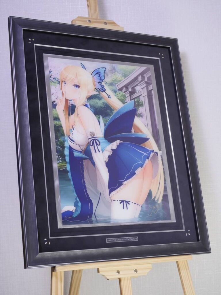 Framed anime illustration of a blonde girl in a blue and white outfit with a butterfly hair accessory, kneeling in water with a garden backdrop.