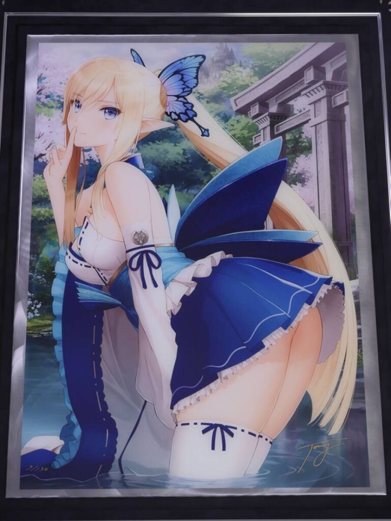 Framed anime illustration of a blonde elf girl in a blue-and-white frilly outfit kneeling in water, with a blue butterfly accessory and a torii gate in the background.