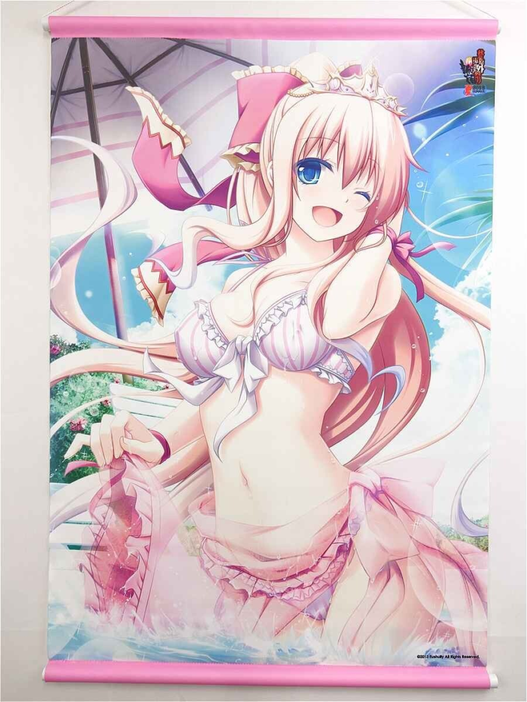 Anime-style wall scroll featuring a smiling pink-haired girl in a pink striped bikini, standing in shallow water with a pink ribbon around her waist and a bright blue sky in the background.