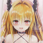 image - 【絵巻本舗】二次元イラストグッズ特化型買取専門店 Anime girl with long blonde hair, red eyes, blushing cheeks, wearing a black choker and crisscross straps.