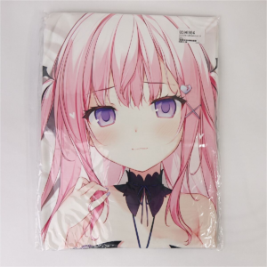 Packaged anime pillow cover showing a pink-haired girl with purple eyes and a choker.