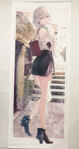 Anime-style woman with white hair in a short skirt, black boots with bows, red backpack, sipping a straw in an urban alley