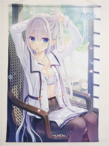 Anime-style woman with long silver hair, wearing a white blouse open to reveal a lace bra, seated in a chair by a window.