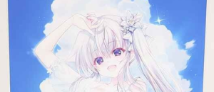 Anime-style girl with long white hair and pink eyes, wearing a flower accessory in her hair, set against a bright blue sky with fluffy clouds.