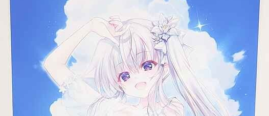 image - 【絵巻本舗】二次元イラストグッズ特化型買取専門店 Anime-style girl with long white hair and pink eyes, wearing a flower accessory in her hair, set against a bright blue sky with fluffy clouds.