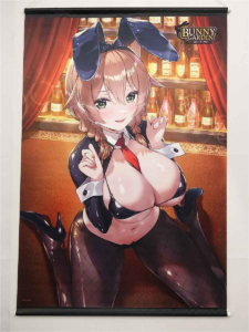Anime-style bunny girl in a revealing outfit with bunny ears posing in a bar backdrop, shelves of bottles behind her.