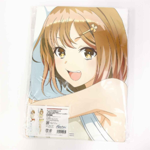 Packaged anime pillow cover featuring a smiling brown-haired girl with a flower hairclip.