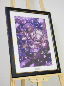 Framed anime print on an easel, showing a white-haired girl in a frilly outfit and a hat-wearing companion in a purple floral scene.